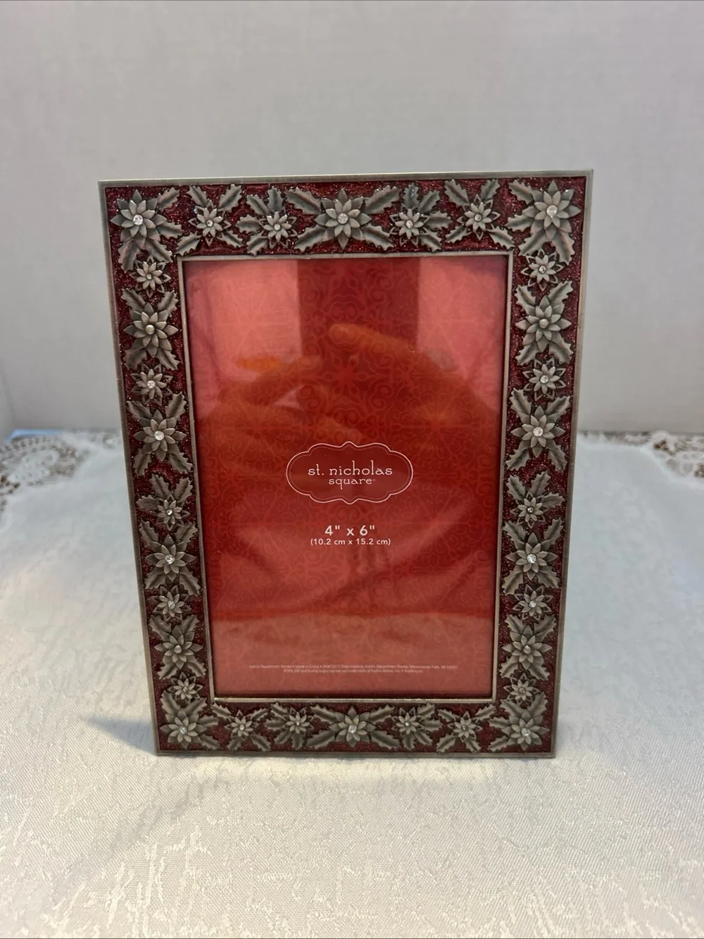 St Nicholas Square Metal Pointsettia w/Clear Crystals Red Enamel 4x6 Photo Frame